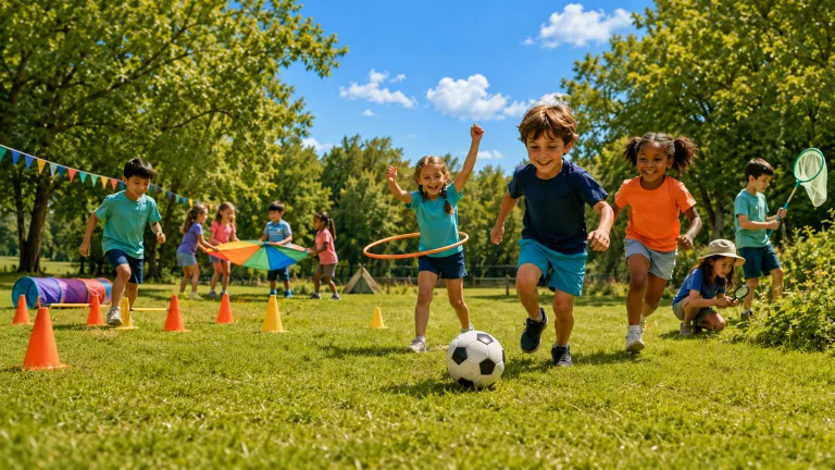 Children playing soccer and outdoor games at a beginner-friendly summer camp for 6 year olds in Bowmanville by Heart House Training.