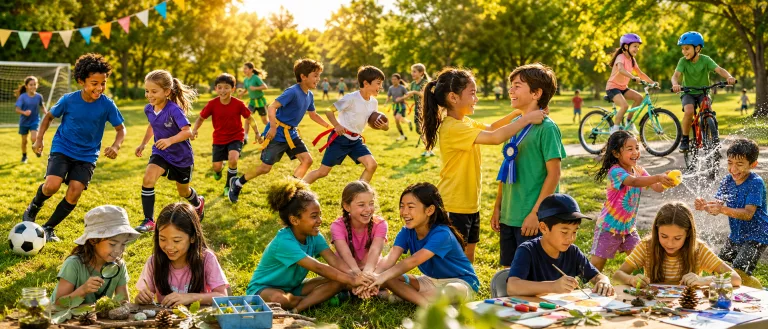 Kids enjoying a vibrant summer camp day with soccer, team games, friendship, biking, arts and crafts, and water play on a sunny grassy field.