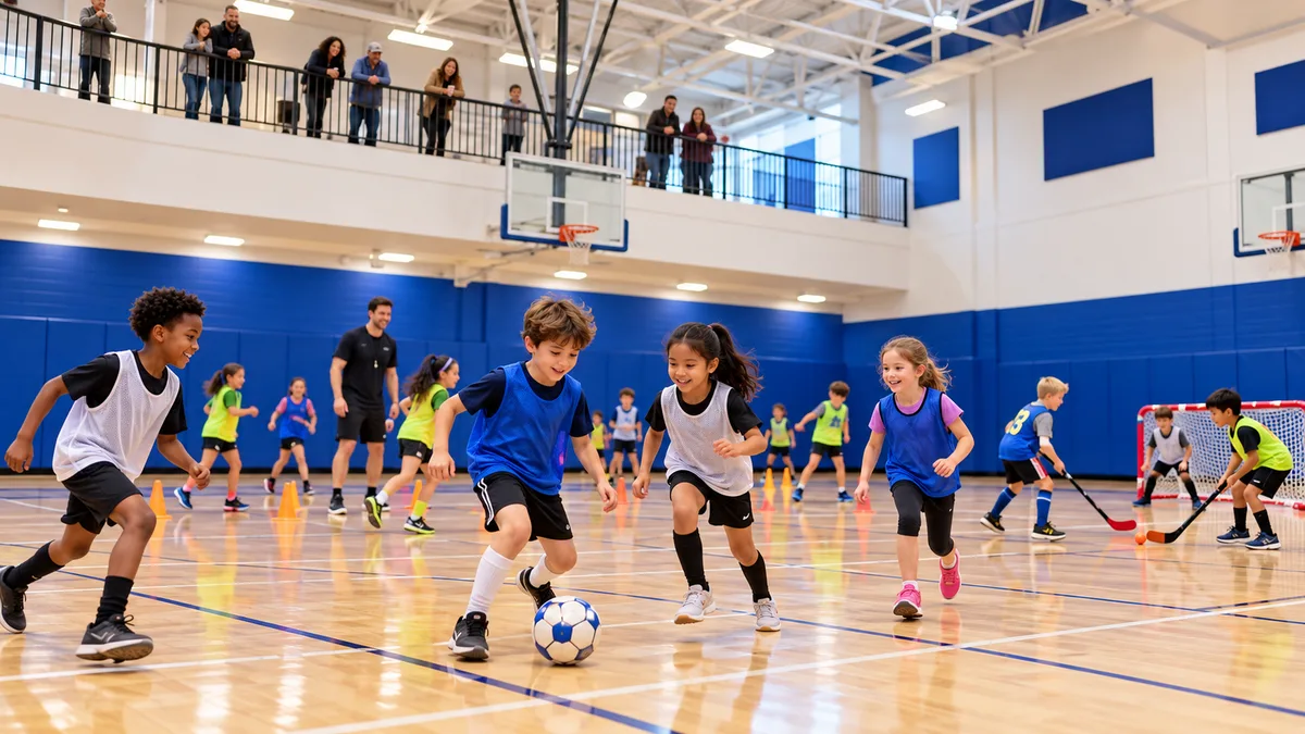 Kids playing in a school gym.